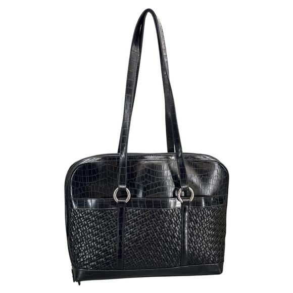Coldwater Creek Black Faux Croc Woven Laptop Briefcase Professional Tote Bag - Picture 1 of 9